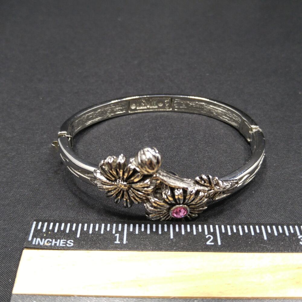 Lenox October Flower Bracelet Pink Rhinestone Silver Tone Hinged - Picture 6 of 10